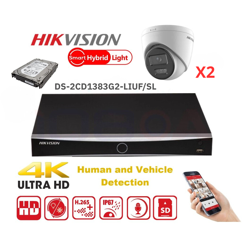 HIKVISION 8MP-bewakingscameraset – Tot 8x 8MP Dual-Light Turret-camera's (DS-2CD1383G2-LIUF-SLU/SL), 8-kanaals PoE-NVR (Lite-serie) – Vooraf geïnstalleerde 4TB-harde schijf