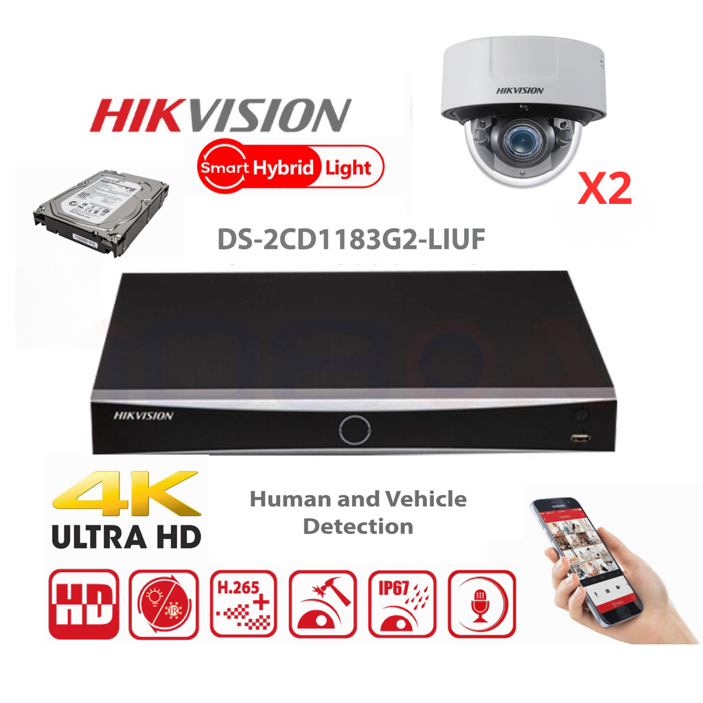 Kit de caméras de surveillance HIKVISION 8 canaux 8MP Value G2 Serie Dual Light MD2.0 - Tourelle de caméras IP 2/3/4/5/6/7/8X 8MP - NVR 8 canaux PoE Acusense - Disque dur 4 To ou 6 To préinstallé