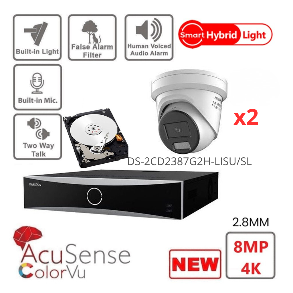 HIKVISION Surveillance IP Camera Set Acusense 4K/8MP  - 2x/3x/4x/5x/6x/7x/8x IP 4K-8MP Turret Surveillance Camera Set with Active Strobe Light and Audio Alarm - Acusense NXI Series 8x Channel NVR with PoE - 2x SATA - 4TB or 6TB Hard disk Drive expandable up to 8x IP Cameras