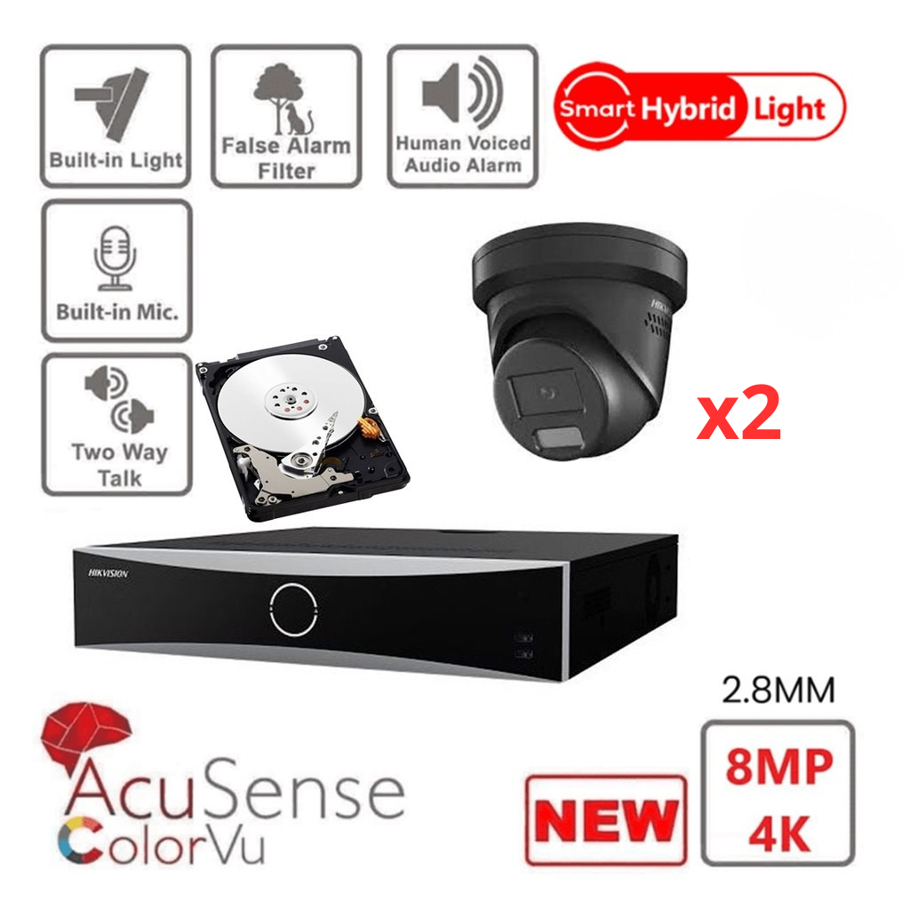 Kit de caméras IP de surveillance HIKVISION Acusense 4K/8MP (2x/3x/4x/5x/6x/7x/8x) avec tourelle noire - Éclairage hybride intelligent avec ColorVu - Lumière stroboscopique active 4K-8MP et alarme sonore - NVR Acusense série NXI 8 canaux avec PoE - 2 ports SATA - Disque dur de 4 ou 6 To (extensible à 8 caméras IP)