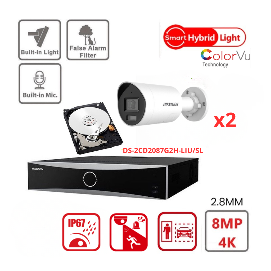 HIKVISION Acusense 4K/8MP Surveillance Camera Set - Intelligent Hybrid Lighting with ColorVu - 2x/3x/4x/5x/6x/7x/8x 4K-8MP IP Bullet Cameras with Active Strobe Light and Audio Alarm - Acusense NXI Series 8x Channel NVR with PoE - 2x SATA - 4TB or 6TB Hard Drive expandable up to 8x IP Cameras