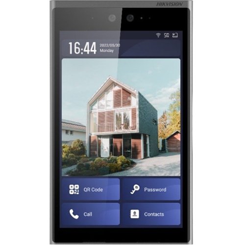 Hikvision DS-KD9633-E6 Interphone vidéo intelligent IP 10,1" avec caméra double objectif 2 MP, écran tactile, authentification par mot de passe et reconnaissance faciale.