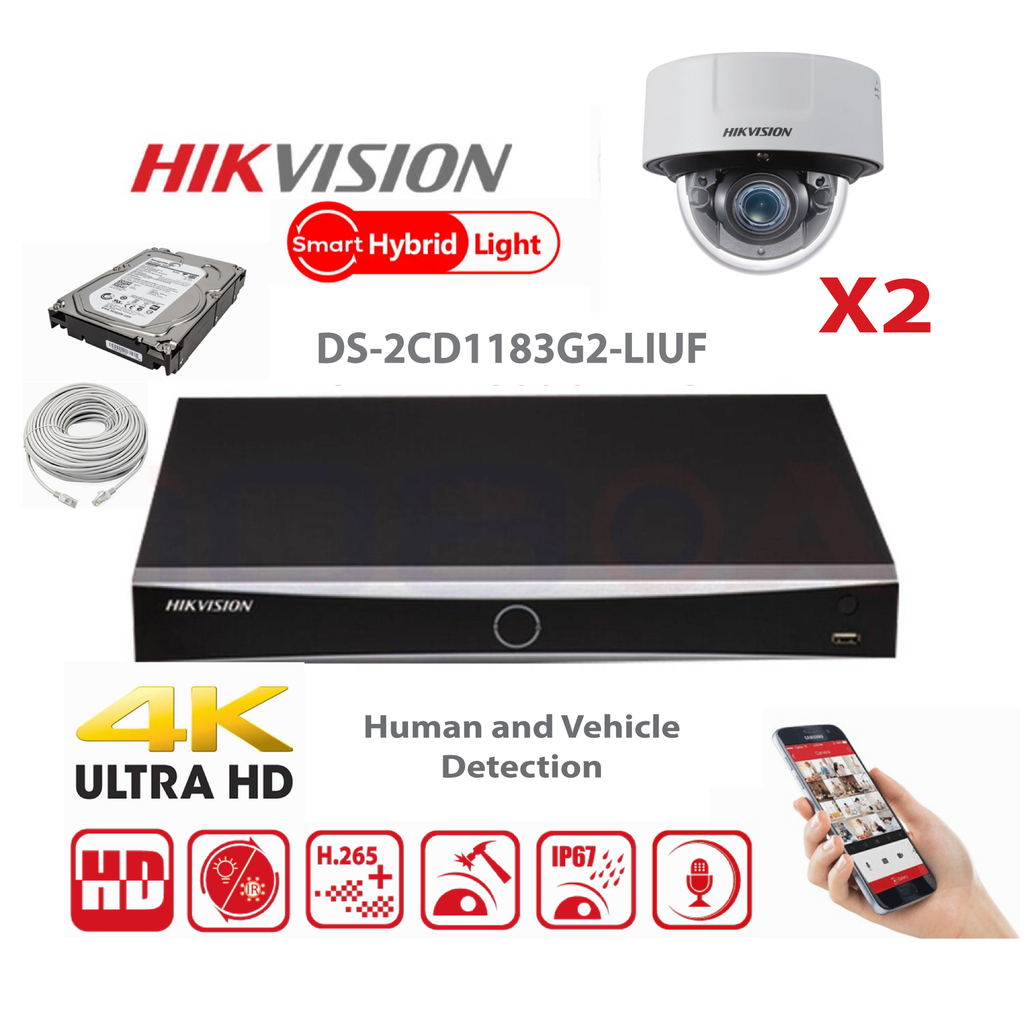 HIKVISION Kit caméras de surveillance Jusqu'à 4x Camera Dome (DS-2CD1183G2-LIUF) 8MP Dual Light NVR Lite Serie - NVR PoE 4 canaux - Disque dur 2To préinstallé
