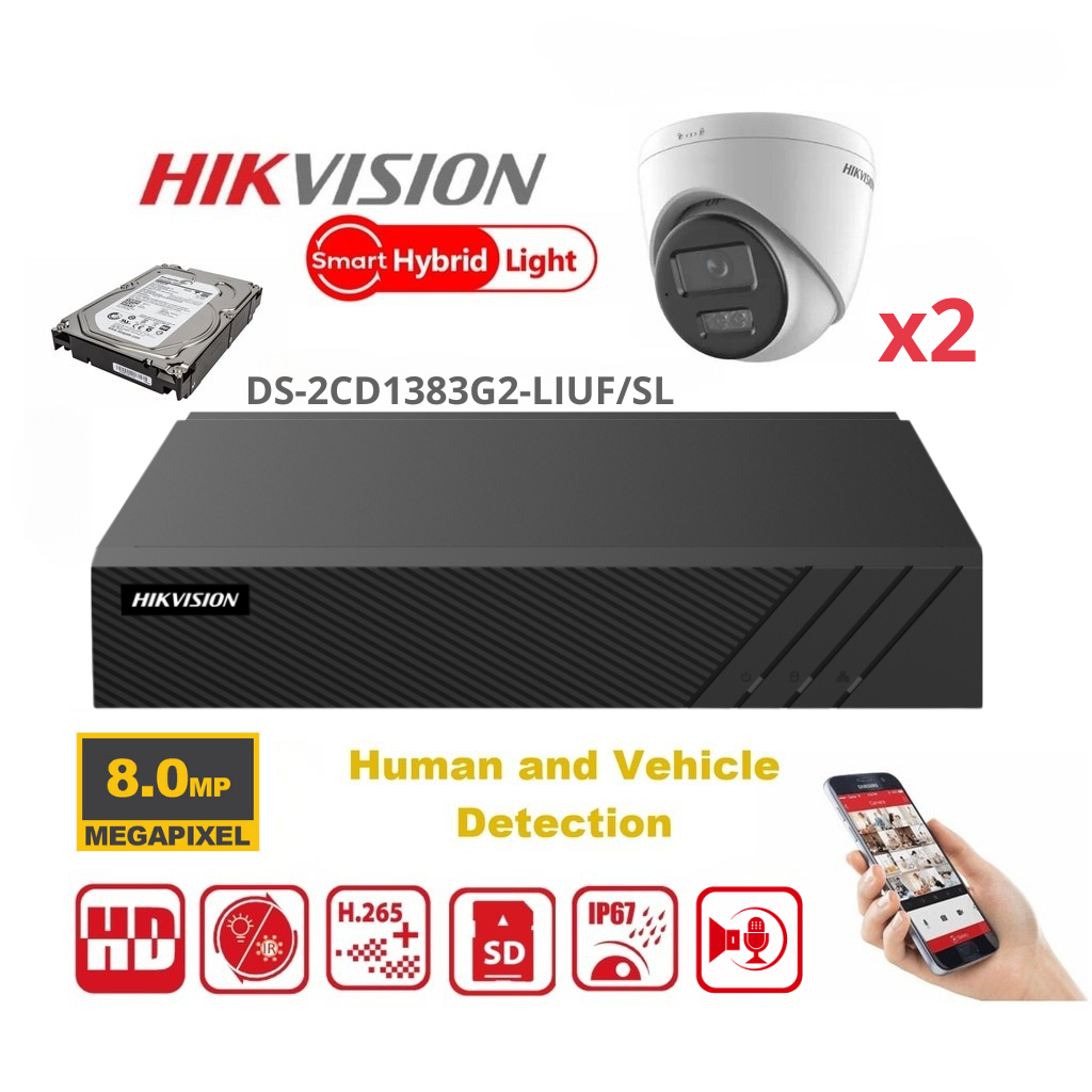 HIKVISION 8MP Surveillance Camera Kit – Up to 4x 8MP Dual-Light Turret Cameras (DS-2CD1383G2-LIUF/SL), 4-Channel PoE NVR (Lite Series) – Pre-installed 2TB Hard Drive