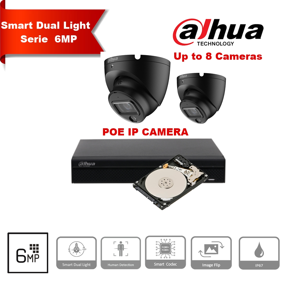 Dahua 6MP Turret IP-cameraset – Zwart – Tot 8 × DH-IPC-HDW1639T-A-IL + 8-kanaals PoE-NVR + 2TB HDD