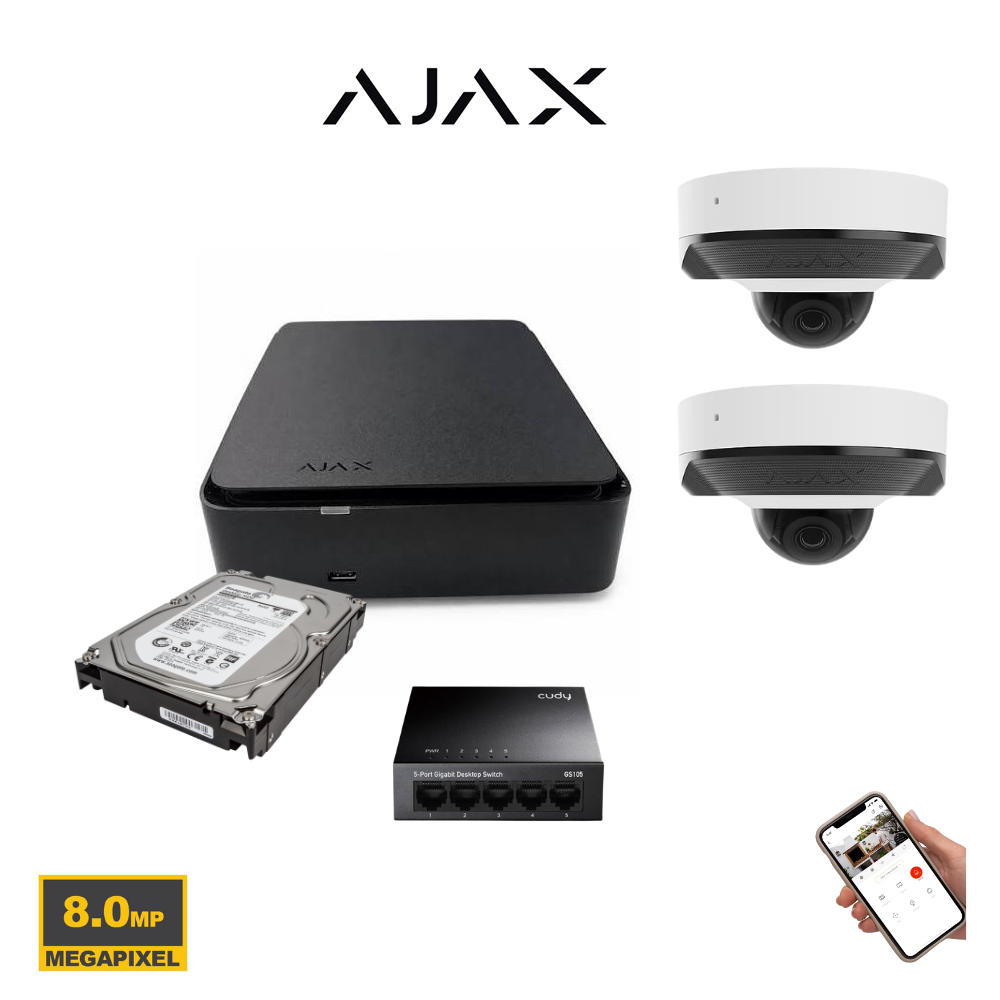 Kit AJAX Vidéosurveillance 8MP  Jusqu'à 8 Caméras Dome Dual Light + NVR PoE 8CH + HDD 4 To