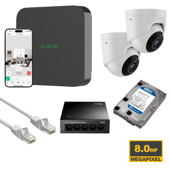 Kit AJAX Vidéosurveillance 8MP  Jusqu'à 8 Caméras Turret Dual Light + NVR PoE 8CH + HDD 4 To 