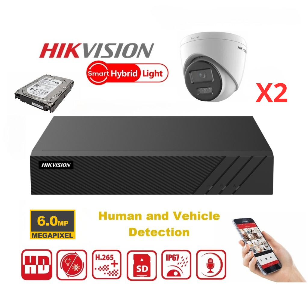 HIKVISION Kit caméras de surveillance 6MP - Jusqu'à 4x Camera   Tourelle  (DS-2CD1363G2-LIUF) 6MP Dual Light NVR Lite Serie - NVR PoE 4 canaux - Disque dur 2To préinstallé 