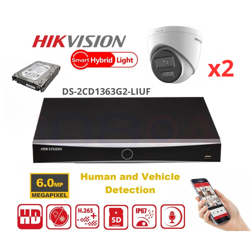 HIKVISION Kit caméras de surveillance 6MP - Jusqu'à 4x Camera   Tourelle  (DS-2CD1363G2-LIUF) 6MP Dual Light NVR Lite Serie - NVR PoE 4 canaux - Disque dur 2To préinstallé 