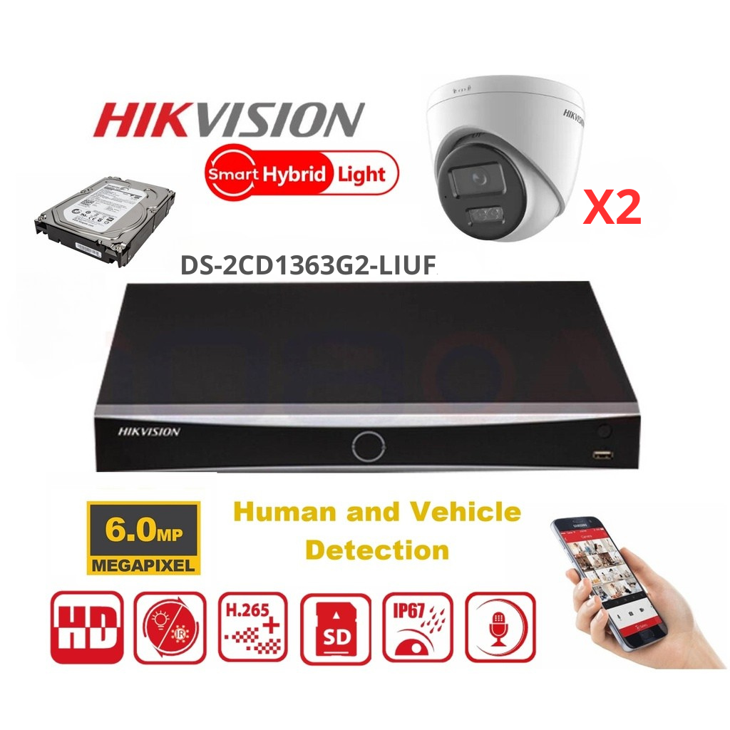 Kit de vidéosurveillance HIKVISION 6 MP – Jusqu'à 8 caméras IP tourelles 6 MP à double éclairage (DS-2CD1363G2-LIUF) – NVR PoE 8 canaux (série Lite) – Disque dur de 4 To préinstallé