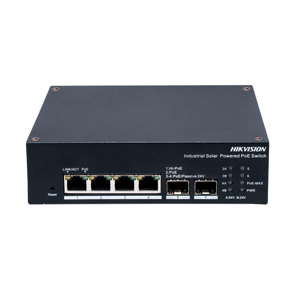 Hikvision DS-3T1506HP-EI-UPS Industrial PoE Switch for solar installations – 4 Gigabit PoE ports + 2 SFP ports