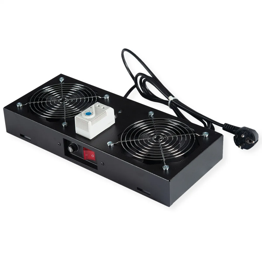Fan unit 2 fans, thermostat, for 19-inch wall housing black