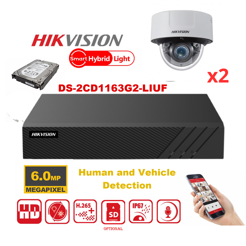 Hikvision IP-kit – 6 MP infraroodcamera's / Essential-serie – DS-2CD1163G2-LIUF domecamera's (Dual Light-technologie, 30 m IR-bereik, geïntegreerde audio) – DS-7608NXI-K1/8P 8-kanaals NVR-recorder – Inclusief 4 TB harde schijf. Tot 8 camera's.
