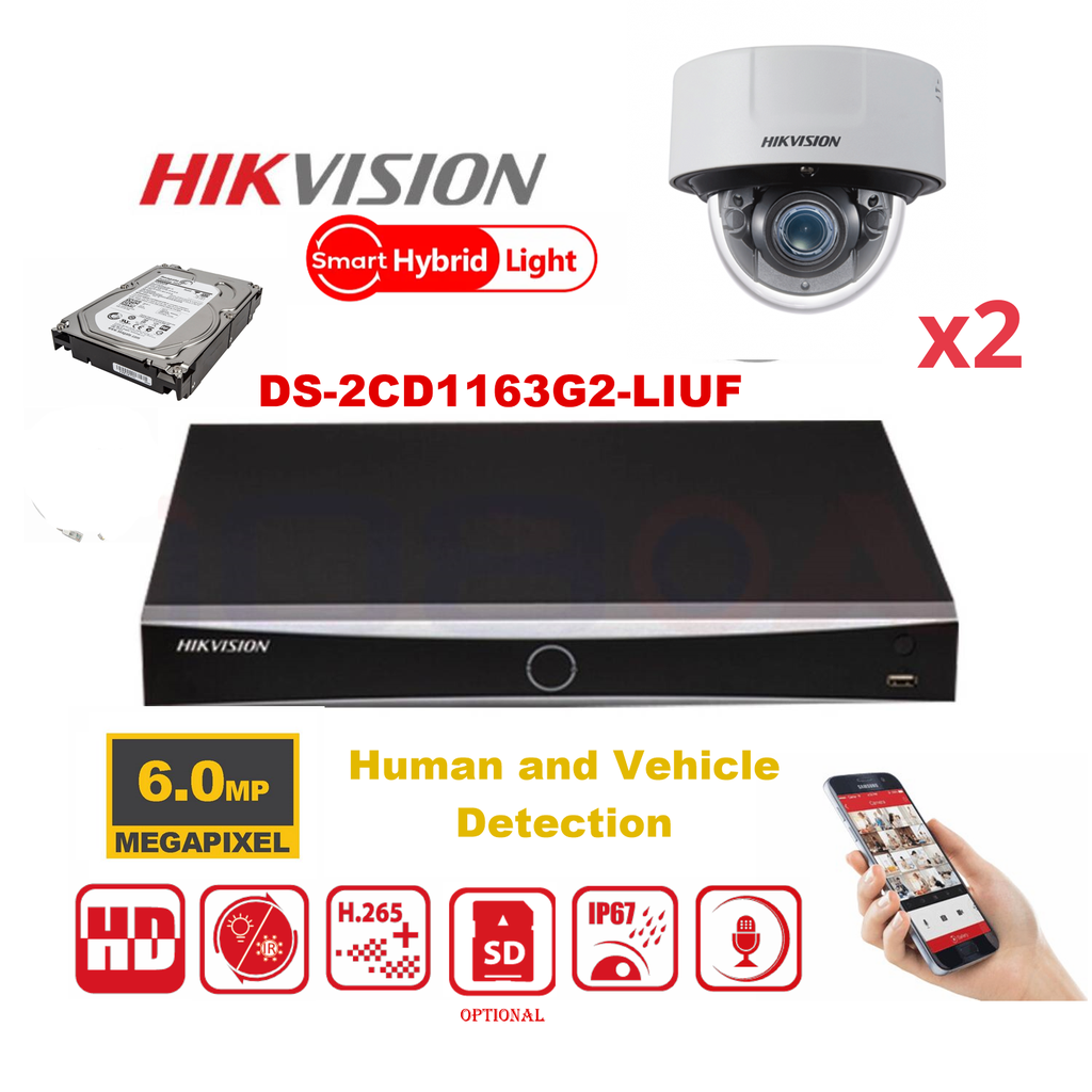 HIKVISION 6MP-bewakingscameraset – Tot 4x 6MP Dual-Light Dome-IP-camera  (DS-2CD1163G2-LIUF) – Lite-serie 4-kanaals PoE-NVR – Vooraf geïnstalleerde 2TB-harde schijf