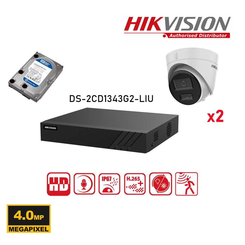 HIKVISION 4MP Surveillance Camera Kit - Dual-Light Turret IP Camera (DS-2CD1343G2-LIUF) - 4-Channel Lite Series PoE-NVR - Pre-installed 2TB Hard Drive