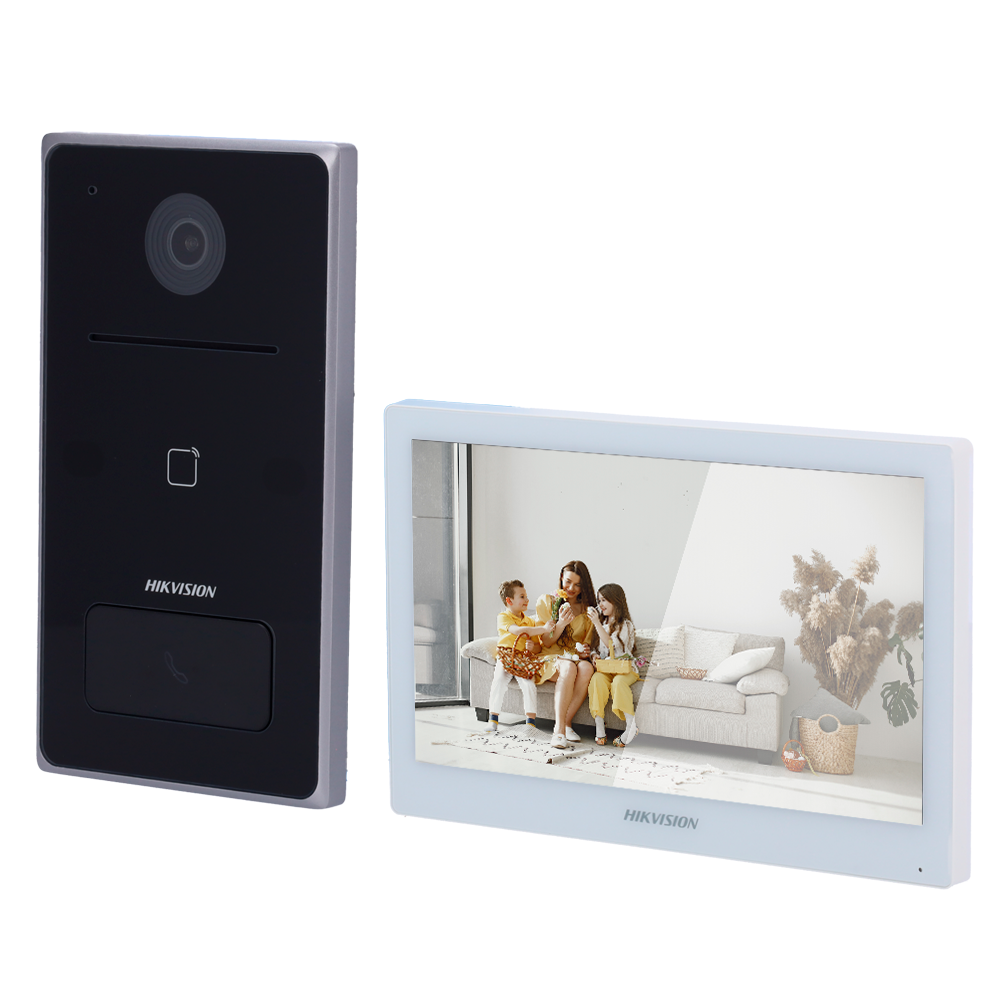 Hikvision DS-KIS608-S IP-kit IP-PoE video-intercomkit, 1 belknop, opbouwmontage, 7-inch wifi-touchscreenmonitor + 4-poorts PoE-switch