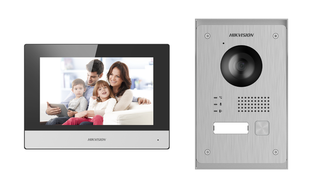 Kit d'interphone vidéo IP Hikvision DS-KIS703Y-P 2 fils 1 bouton d'appel Montage en saillie / encastré - - Moniteur tactile WIFI 7 pouces