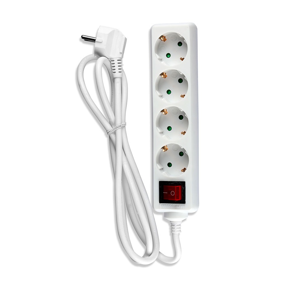 Prise 4 voies avec interrupteur (3G1,5 mm² x 1,5 m) VT-1164-4, emballée dans un sachet en polyéthylène avec carte, blanche