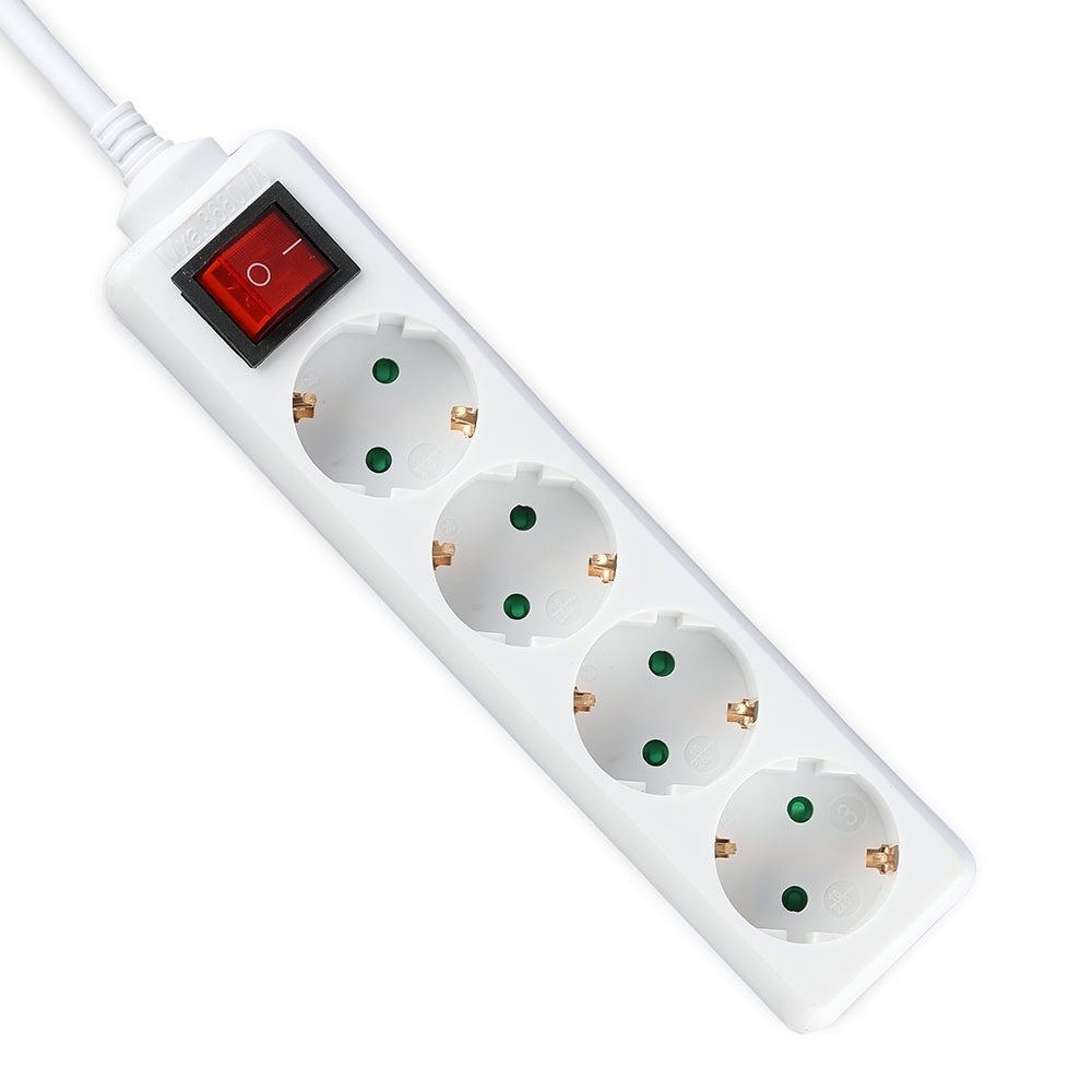 Prise 4 voies avec interrupteur (3G1,5 mm² x 5 m) VT-1174-4, emballée dans un sachet en polyéthylène avec carte, blanche