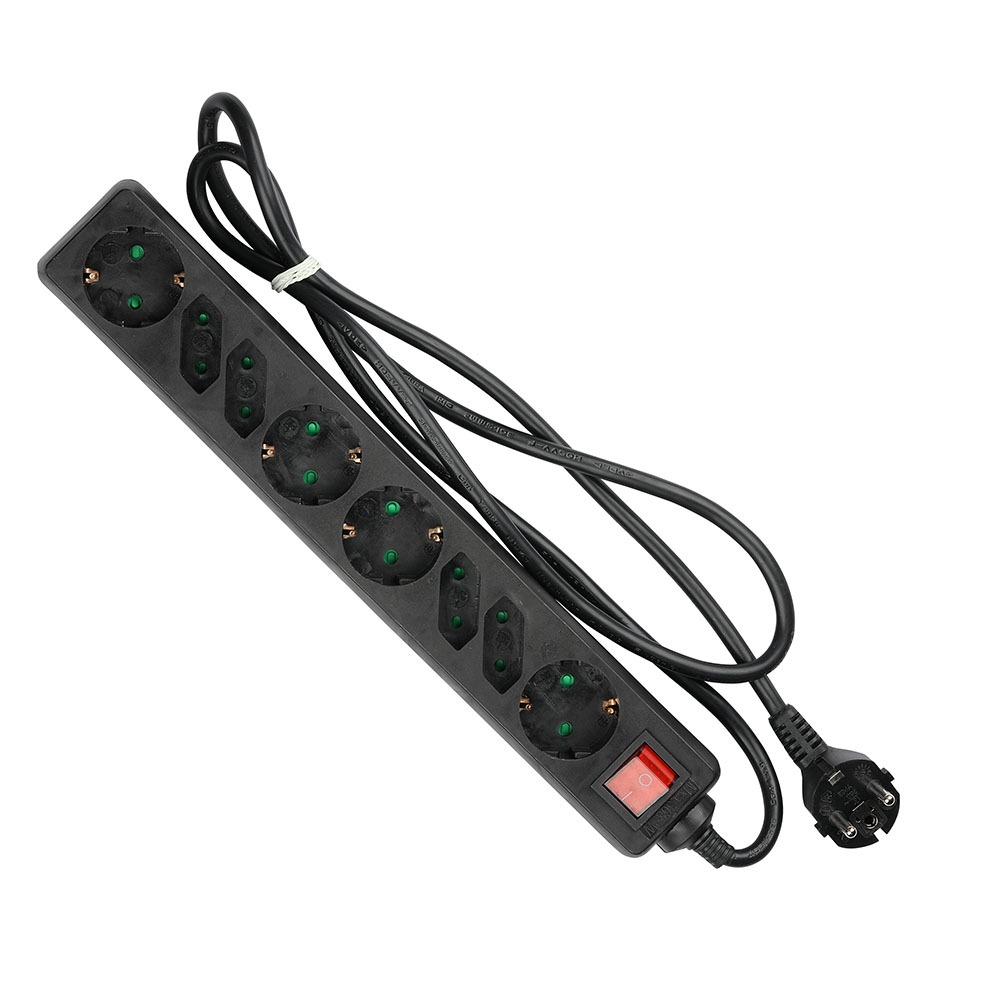 Prise VT-1118-2 8 trous avec interrupteur (3G1,5 mm² x 1,5 m), sac en polyéthylène avec carte - noir