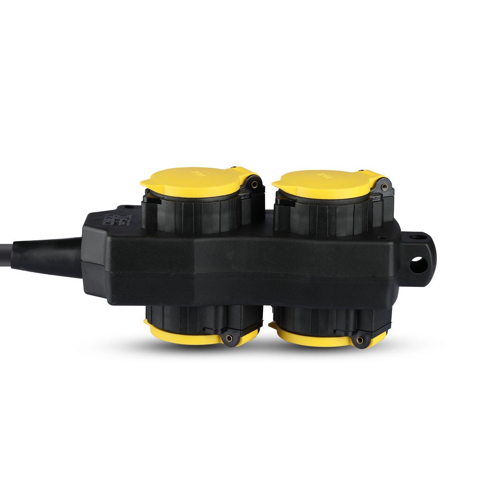 VT-1124-3 4-voudige contactdoos (3G1,5MMX3M)-IP44-POLYBAG+KAART-ZWART+GEEL