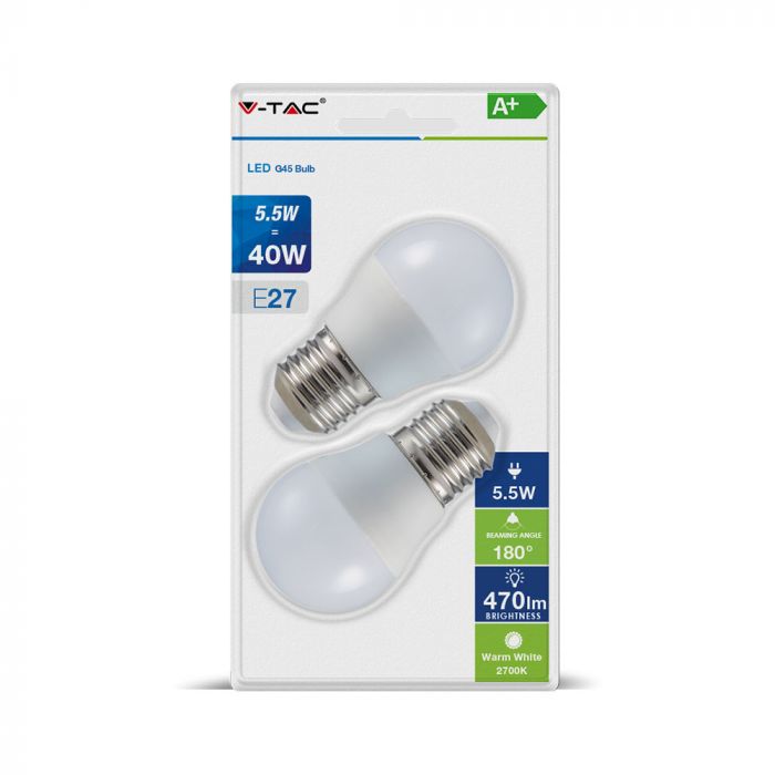VT-2166 5,5W G45 PLASTIC LAMPEN E27 2ST BLISTERVERPAKKING Kleurcode 2700K - Warm Wit