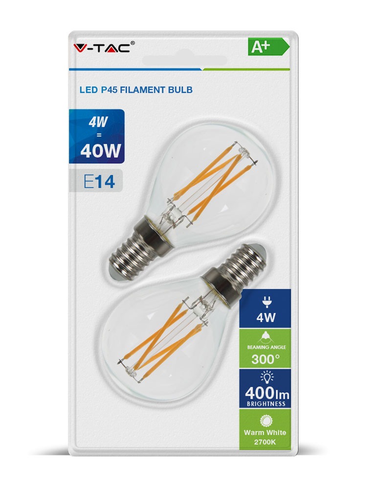 VT-2184 4W P45 CROSS FILAMENT LAMP-HELDERE AFDEKKING E14 BLISTERVERPAKKING Kleurcode 2700K-Warm Wit