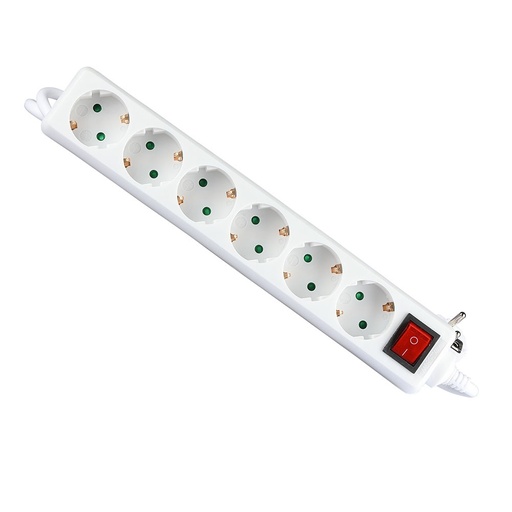 [8828] Prise 6 voies avec interrupteur (3G1,5 mm² x 1,5 m) VT-1166-6, emballée dans un sachet en polyéthylène avec carte, blanche