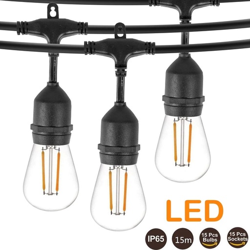 [3115-S14] AV-713-15 Waterproof String Light  15m + 3m Extra + 15x Decorative Bulbs S14-E27-2W 2700K