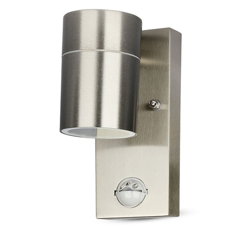 [7502] VT-7621PIR GU10 WANDFITTING MET SENSOR, ROESTVRIJSTALEN BEHUIZING - 1 WEG IP44