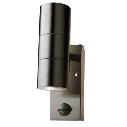 [7503] VT-7622PIR GU10 WANDFITTING MET SENSOR, ROESTVRIJSTALEN BEHUIZING - 2-WEG IP44