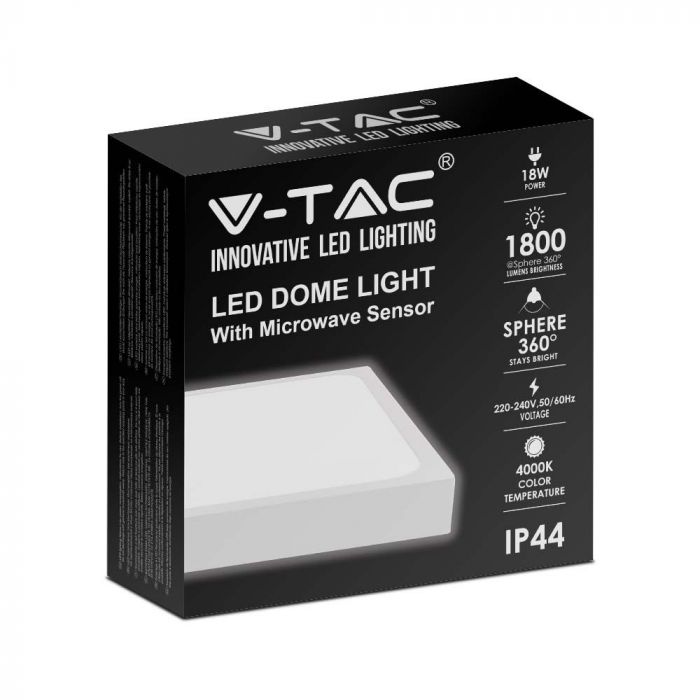 VT-8618SW-SQ Plafonnier LED 18 W avec capteur micro-ondes 4 000 K, cadre carré blanc, IP44