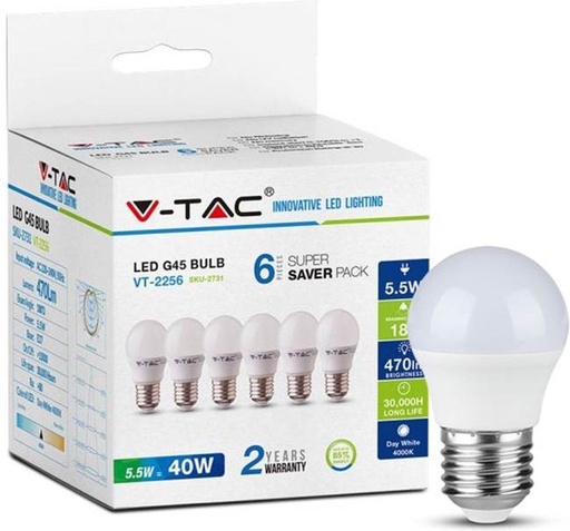 [2731] Ampoule LED en plastique VT-2256 5,5 W G45 E27, lot de 6
