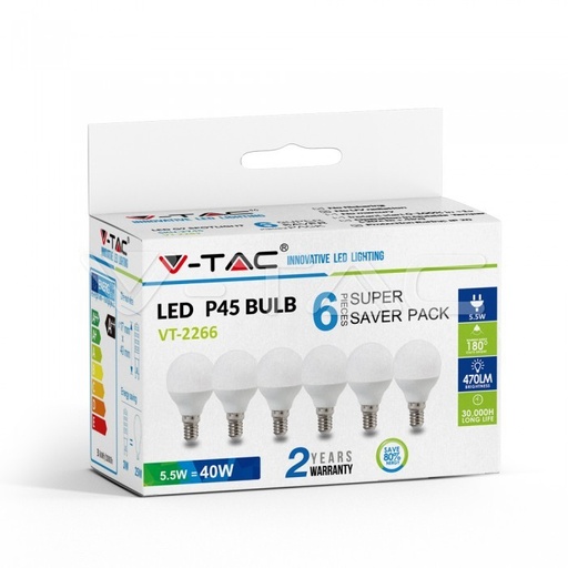 [2734] Ampoule LED en plastique VT-2266 5,5 W P45 E14, lot de 6