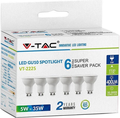 Projecteur en plastique blanc SMD VT-2225 5 W - Couvercle laiteux GU10 110'D, paquet de 6