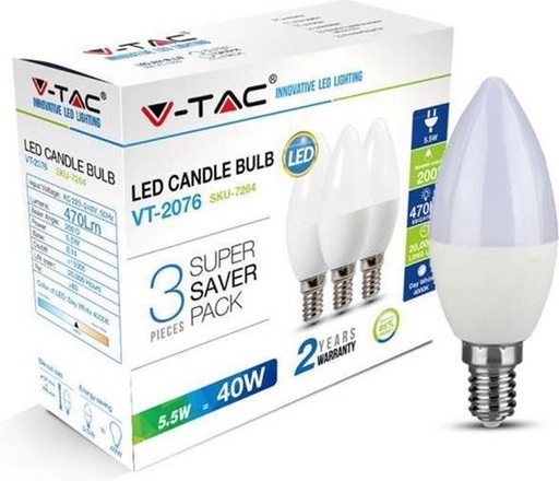 VT-2076 5,5W PLASTIC KAARSLAMP 3 STUKS/PAK E14