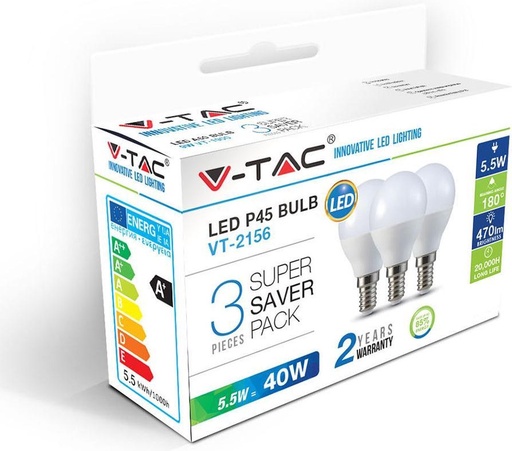 VT-2156 5,5 W P45 AMPOULES EN PLASTIQUE E14 3 PIÈCES/PAQUET