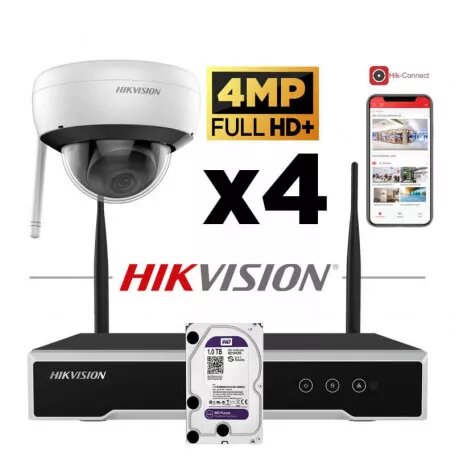 [KIT-IPHIK-WIFI4D2TB] HIKVISION Wi-Fi IP Kit 4 Dome Cameras 4MP 2.8mm IR 30m + 1 NVR Wi-Fi 4 Channels + 1 Hard Disk  2 TB