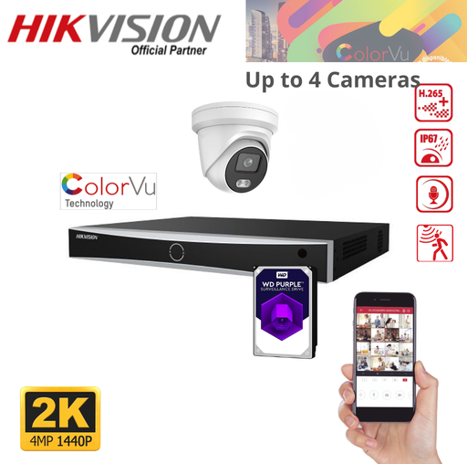 Kit de caméras de surveillance IP Hikvision - 4 canaux - Jusqu'à 4 caméras IP PTZ 4 MP - DS-2CD2347G1-IU - 4 mm - Disque dur 1 To préinstallé