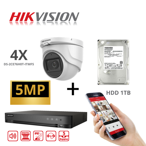 [TVIKIT5MP-T4X-1TB-WH] HIKVISION Set Camera CCTV Turbo-HD 5 MP AUDIO DVR 4 Channel - 4x 5MP Audio Turret Camera Indoor/Outdoor 1TB HDD