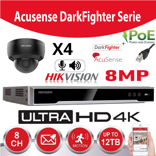 [IP-DF-4D-BK] Hikvision IP-Kit Accusense G2 4 x DS-2CD2186G2-I 8MP Darkfighter / Acusense  Dome Camera -  recorder NVR 4channel DS-7604NXI-K1/4P  - 2Tb Hard Disk installed