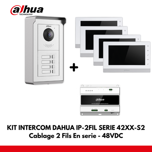 Dahua appartementenset met 4 IP-interfaceknoppen - 2 draden - 48VDC + 4x 7" kleurenmonitor - seriële bedrading