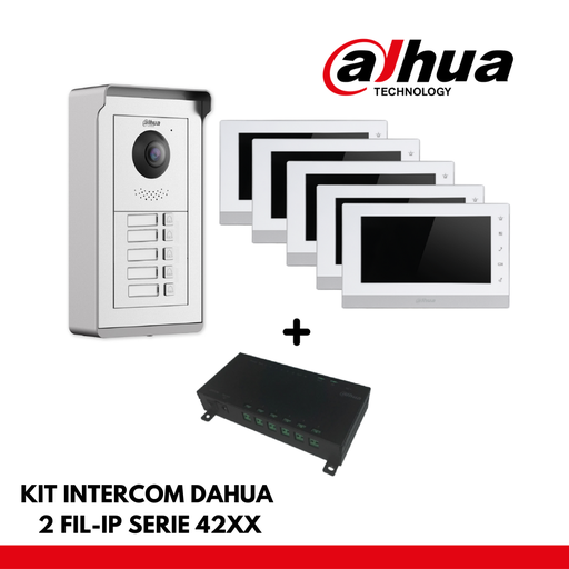 Dahua Apartment Set 5x IP Interface Buttons - 2 Wires - 24VDC + 5x 7" Color Monitor - Surface or recessed mounting