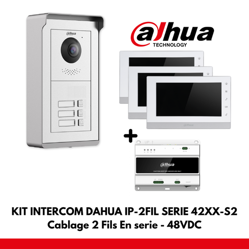 Dahua Appartementenset 3x IP-interfaceknoppen - 2 draden - 48 VDC + 3x 7" kleurenmonitor - seriële bedrading