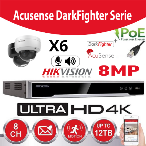 Hikvision IP-Kit Accusense G2 6 x DS-2CD2186G2-I 8MP Darkfighter / Acusense  Dome Camera -  recorder NVR 8channel DS-7608NI-K2/8P - 6b Hard Disk installed
