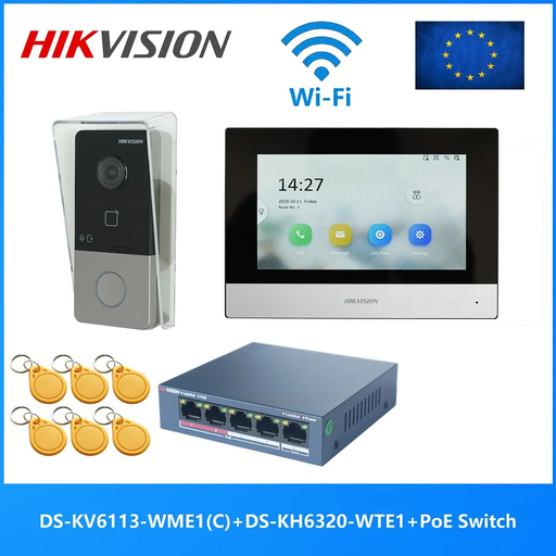 [DS-KIS603-S] Hikvision DS-KIS603-S IP-POE video intercom kit 1x call button Surface Mount -7Inch Touch WIFI Monitor+ POE SWITCH 5Port