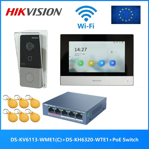 [DS-KIS603-S-P(C)] Hikvision DS-KIS603-S IP-POE video-intercomset met 1 belknop, opbouwmontage, 7-inch touchscreen wifi-monitor en 5-poorts PoE-switch.