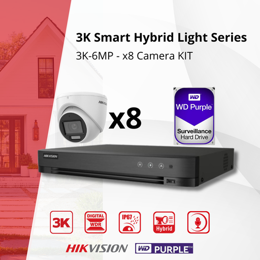 [TVIKIT3K-T8] HIKVISION Set 3K Double Lumière - Caméra Tourelle 8x 3K (6MP) Double Lumière Audio Intérieur/Extérieur - DVR 8 Canaux - Disque Dur 4 To