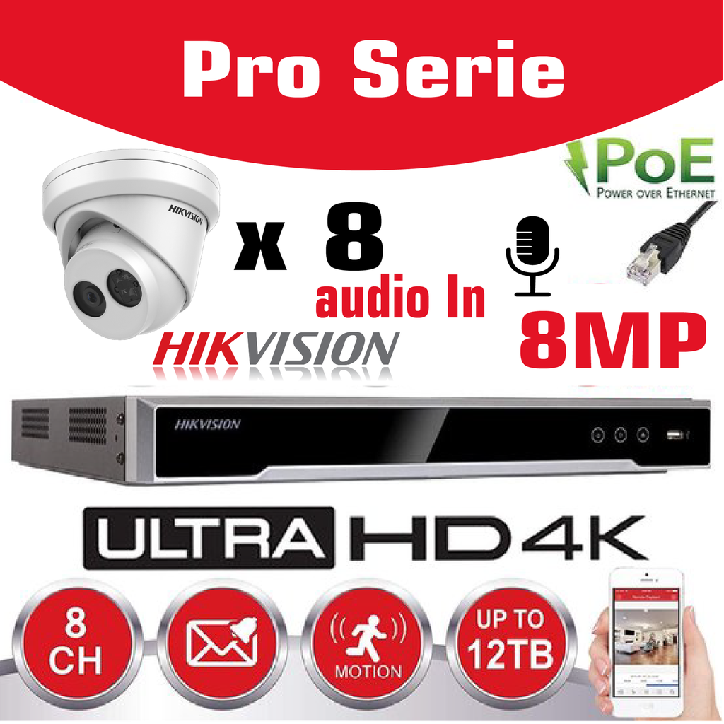 HIKVISION 8MP Surveillance Camera Kit  Pro Serie - NVR 8Ch  4K UHD IP POE - 8x 8MP IP CAMERA Pro-Serie In/Outdoor Night Vision IR Up to 30m - 4TB HDD Storage