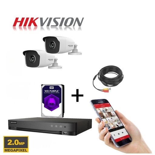 Ensemble de caméras de surveillance Hikvision Analog TurboHD 2MP - Kit DVR 8 canaux - Caméra Bullet 2x/3X/4X Intérieur et extérieur 2MP IR Vision nocturne 20M - Disque dur 1 To - EXTENSIBLE MAX 8 CAMÉRAS.